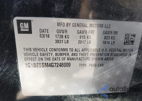 2016 Chevrolet Cruze Lt Auto z USA, uszkodzony, nr VIN 1G1BE5SM4G7248009